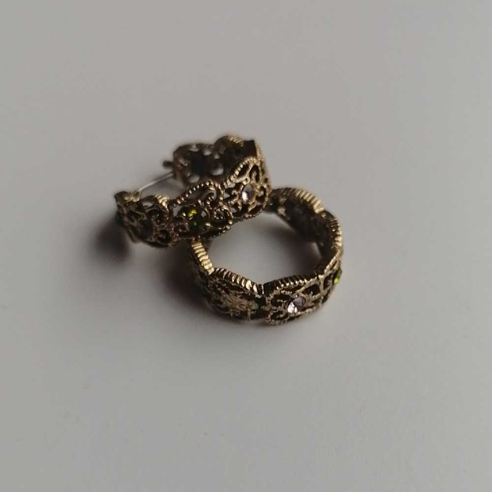 Vintage Filigree Multicolour Rhinestone Bronze Tone Hoop Earrings